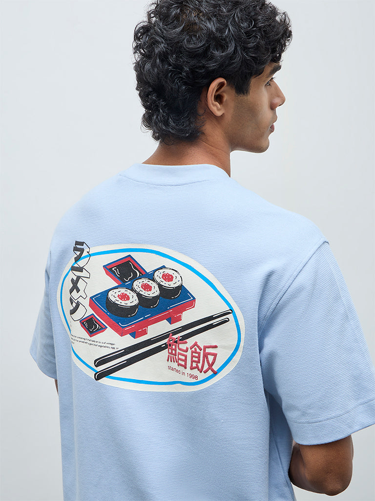 Nuon Light Blue Printed Relaxed-Fit Cotton T-Shirt