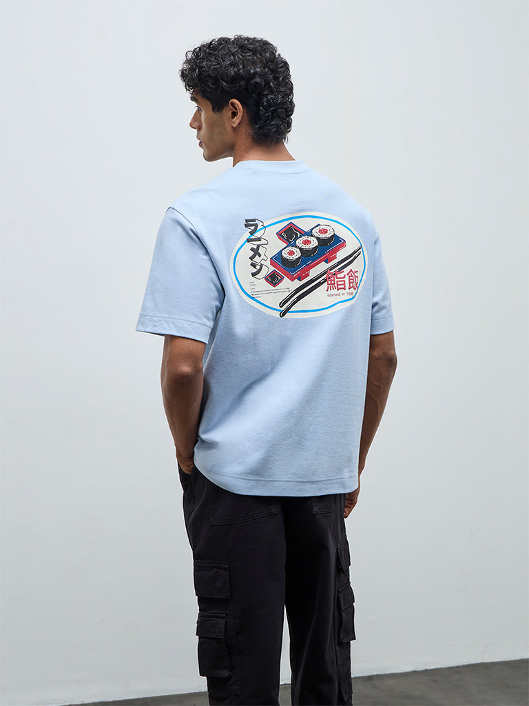 Nuon Light Blue Printed Relaxed-Fit Cotton T-Shirt