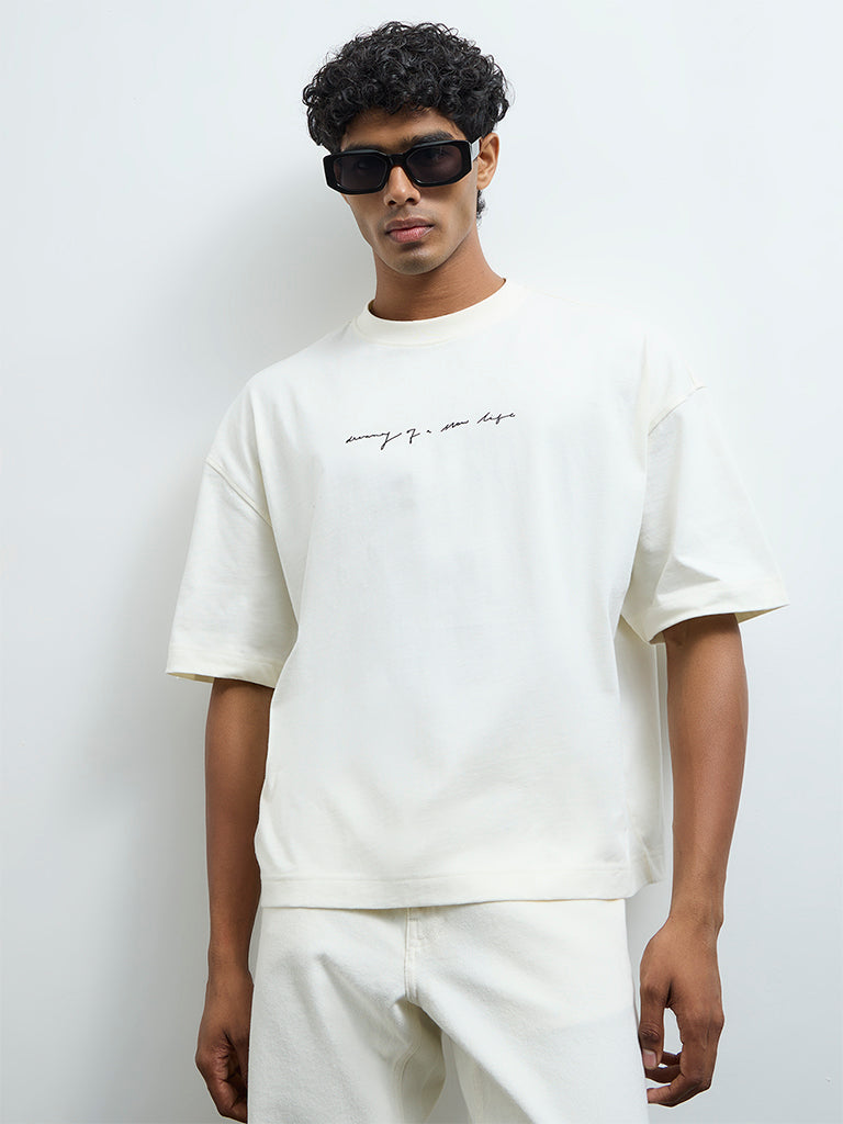 Nuon White Printed Oversized Cotton T-Shirt