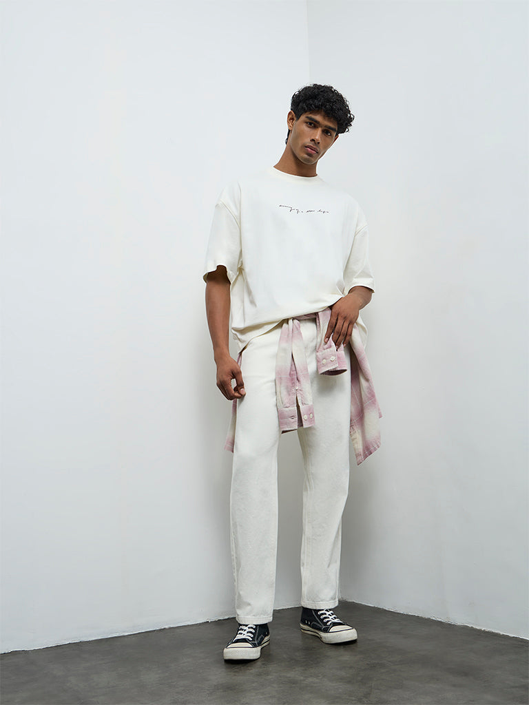 Nuon White Printed Oversized Cotton T-Shirt