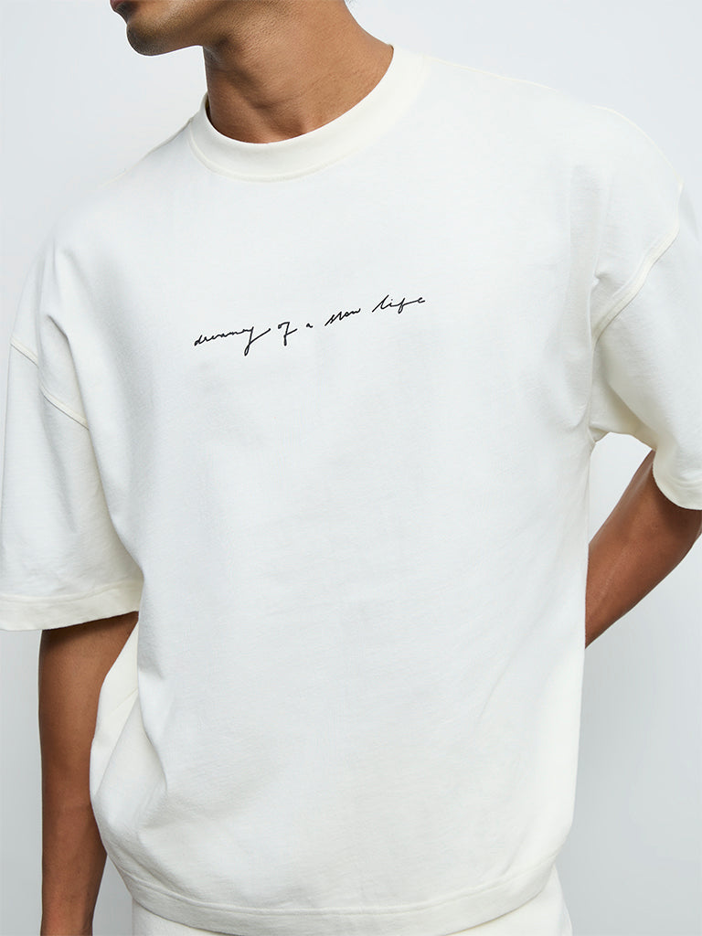 Nuon White Printed Oversized Cotton T-Shirt
