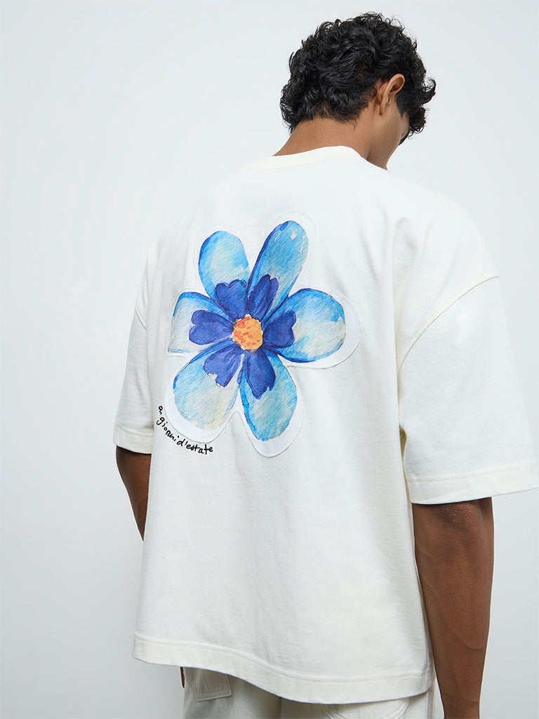 Nuon White Printed Oversized Cotton T-Shirt