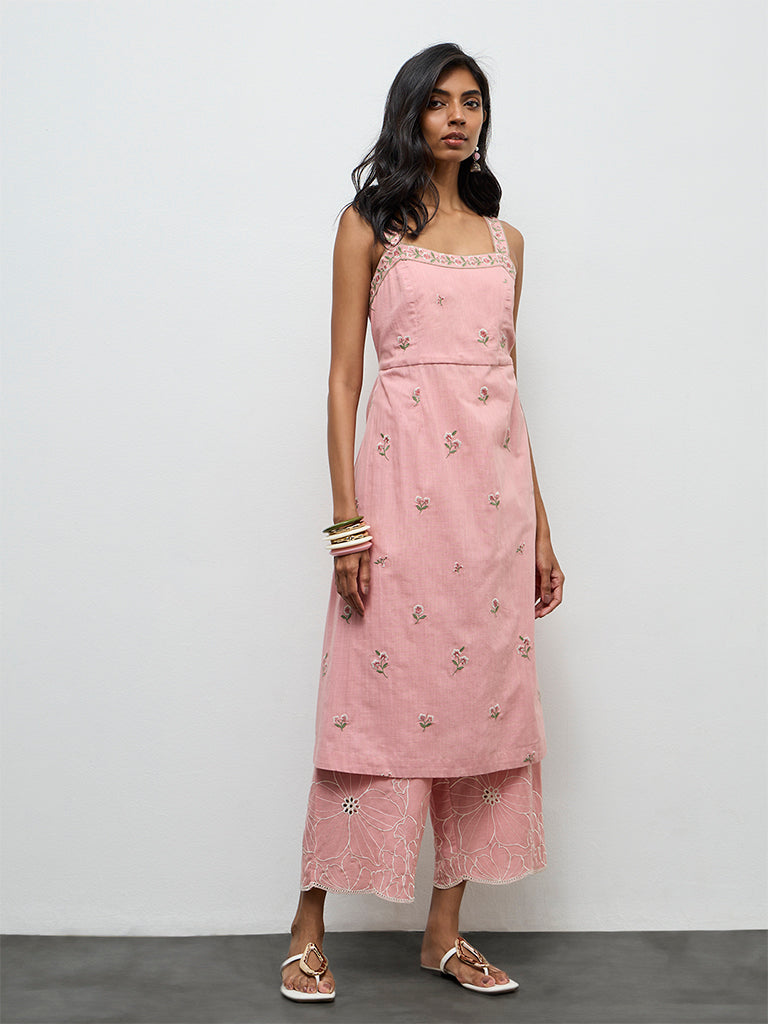 Utsa Pink Floral Embroidered A-Line Kurta