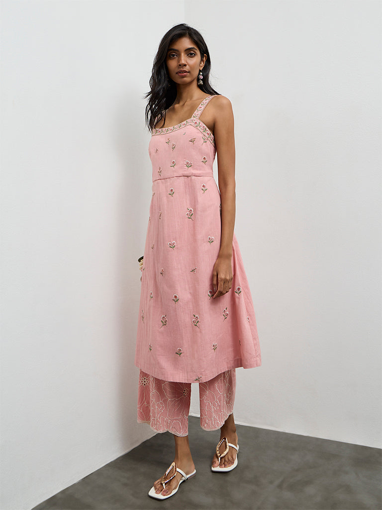 Utsa Pink Floral Embroidered A-Line Kurta