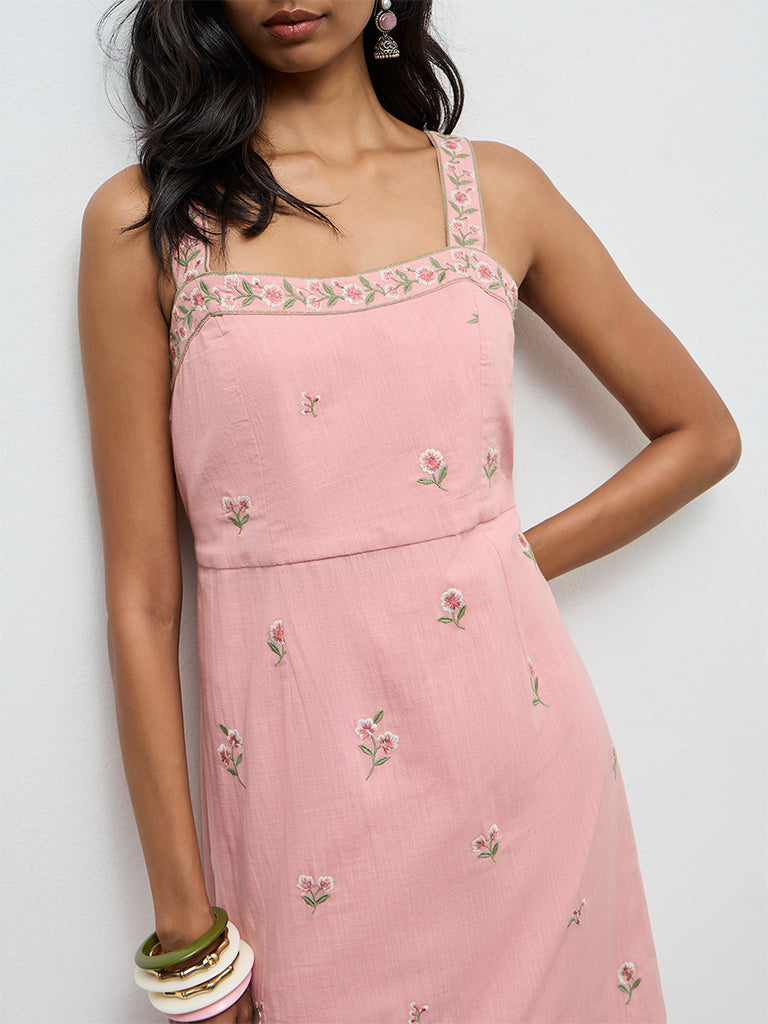 Utsa Pink Floral Embroidered A-Line Kurta