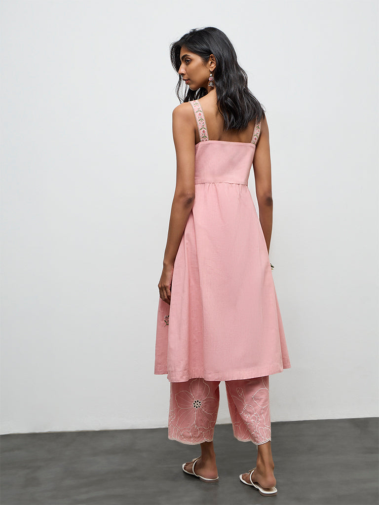 Utsa Pink Floral Embroidered A-Line Kurta