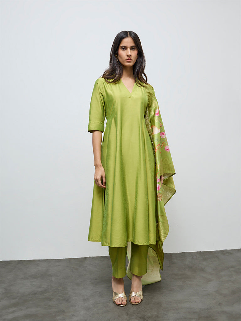Vark Lime Solid Anarkali Ethnic Set