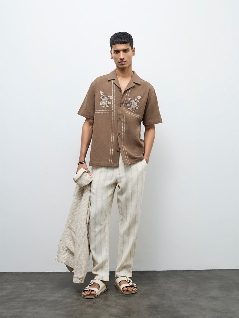 ETA Taupe Floral Embroidered Relaxed-Fit Cotton Shirt