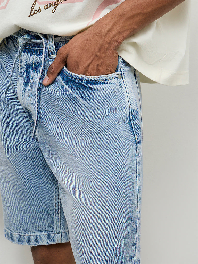 Nuon Blue Faded Relaxed-Fit Mid-Rise Denim Shorts