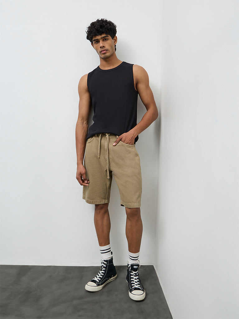 Nuon Taupe Relaxed-Fit Mid-Rise Cotton Shorts