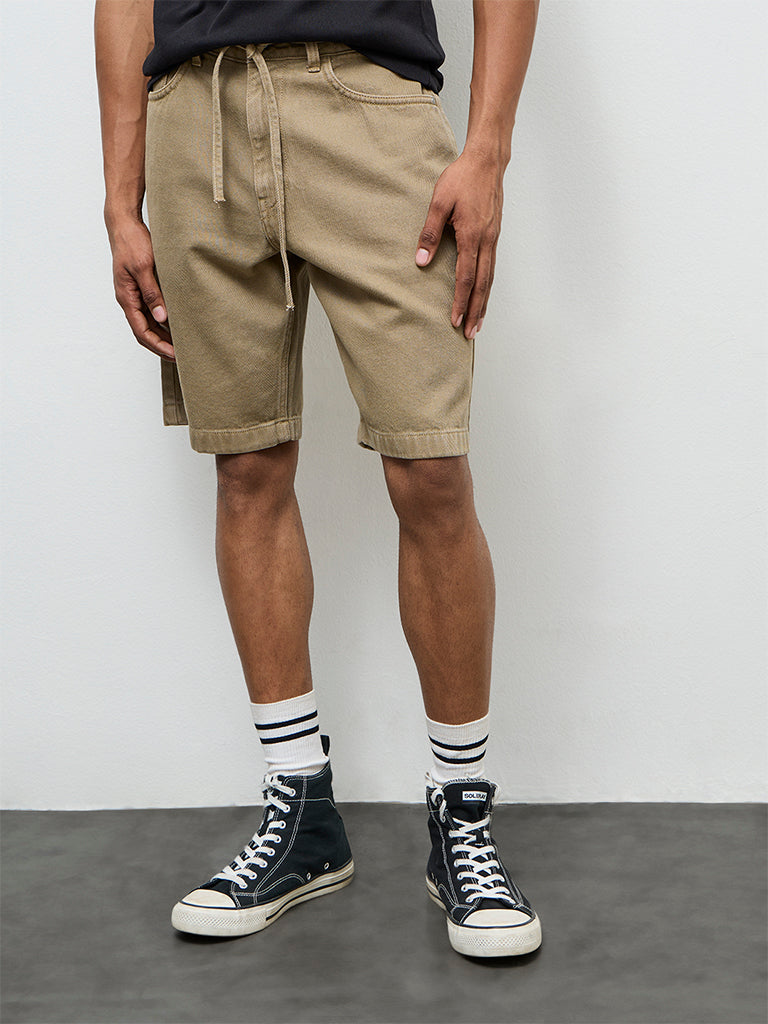 Nuon Taupe Relaxed-Fit Mid-Rise Cotton Shorts