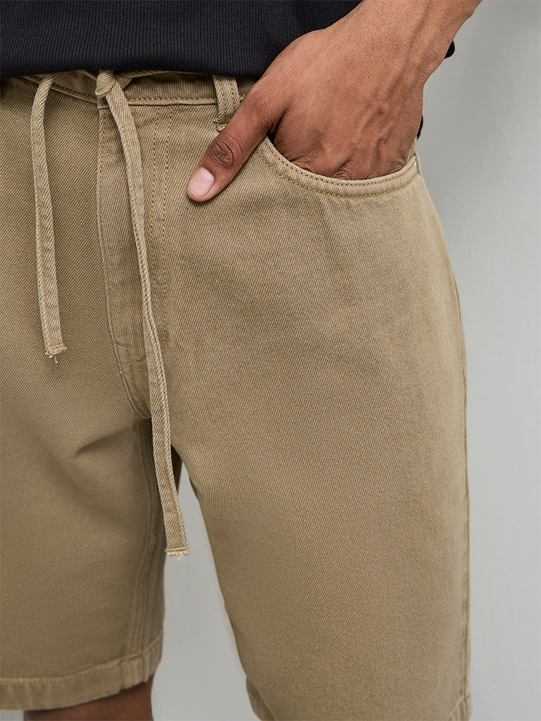 Nuon Taupe Relaxed-Fit Mid-Rise Cotton Shorts