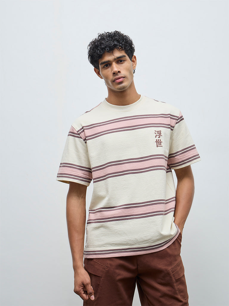Nuon Pink Striped Relaxed-Fit Cotton T-Shirt