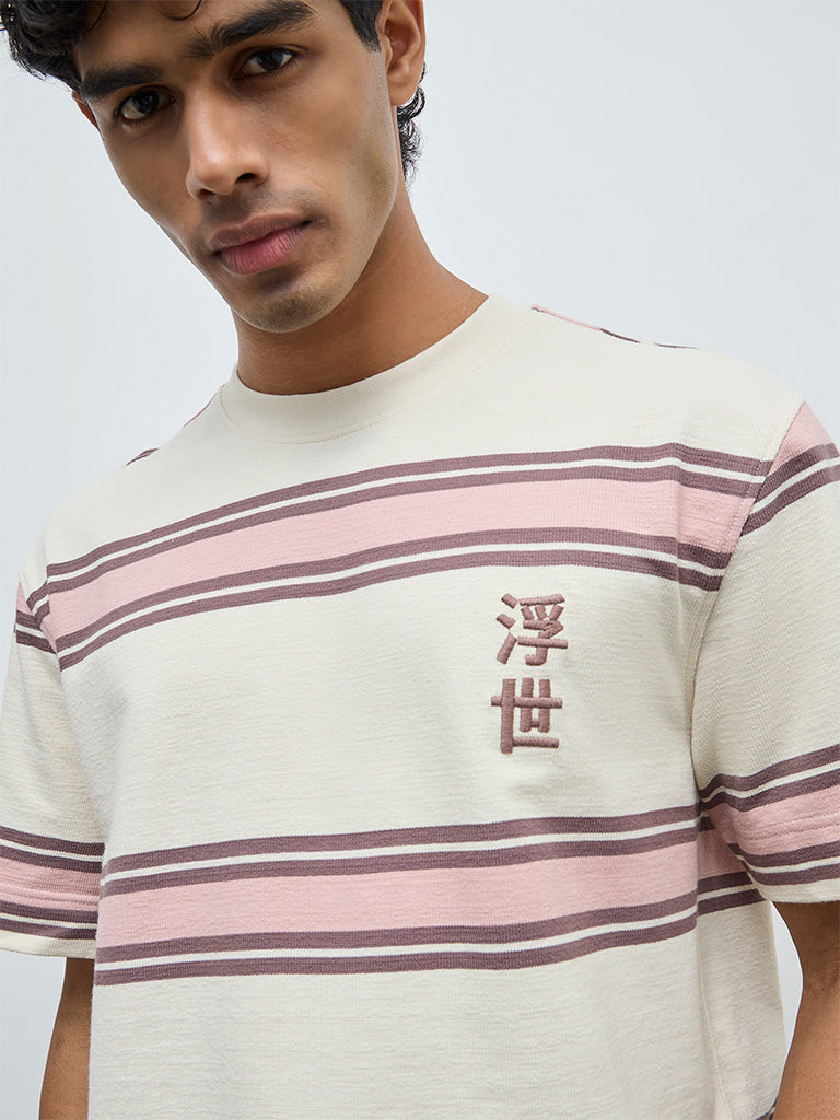 Nuon Pink Striped Relaxed-Fit Cotton T-Shirt
