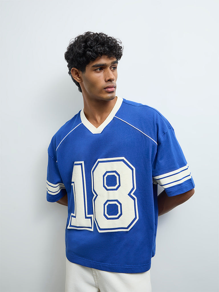 Nuon Blue Numerical Printed Oversized-Crop Cotton T-Shirt