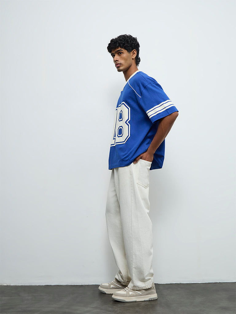 Nuon Blue Numerical Printed Oversized-Crop Cotton T-Shirt