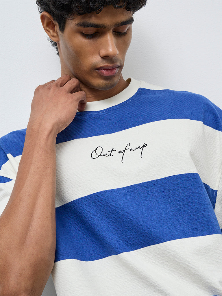 Nuon Blue Striped Relaxed-Fit Cotton T-Shirt