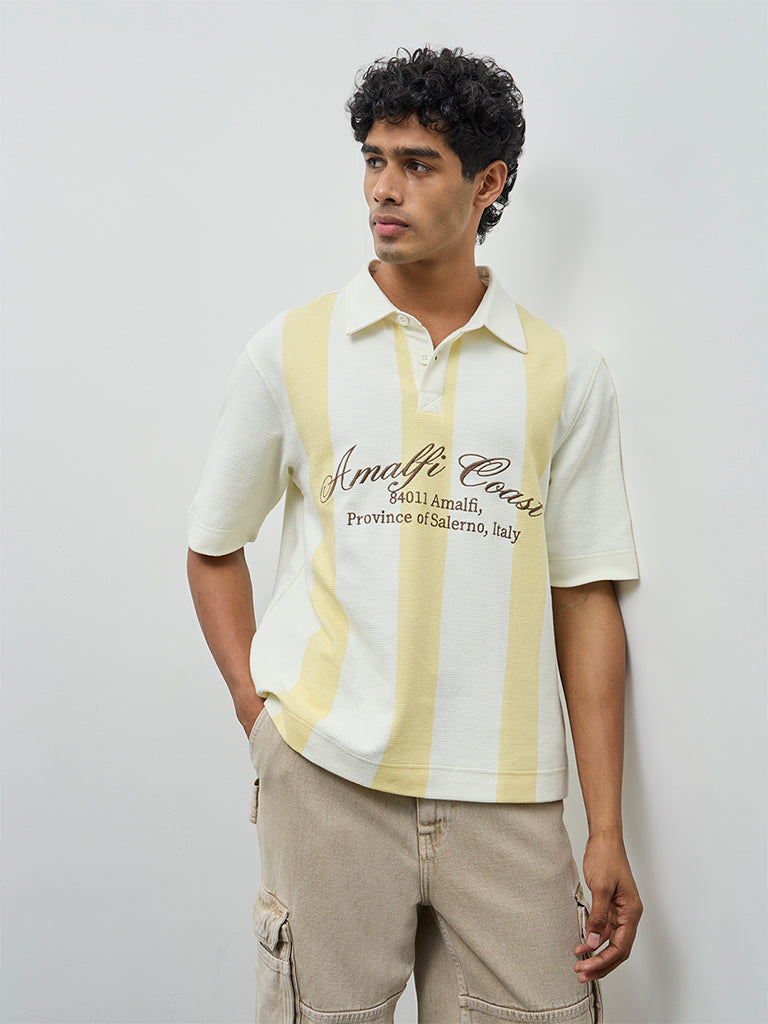 Nuon Yellow Text Design Relaxed-Fit Cotton-Blend Polo T-Shirt