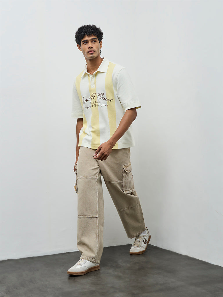 Nuon Yellow Text Design Relaxed-Fit Cotton-Blend Polo T-Shirt