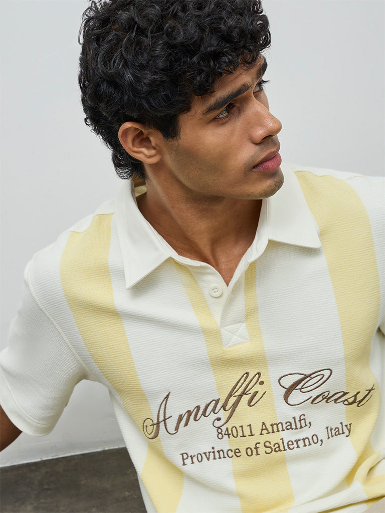 Nuon Yellow Text Design Relaxed-Fit Cotton-Blend Polo T-Shirt