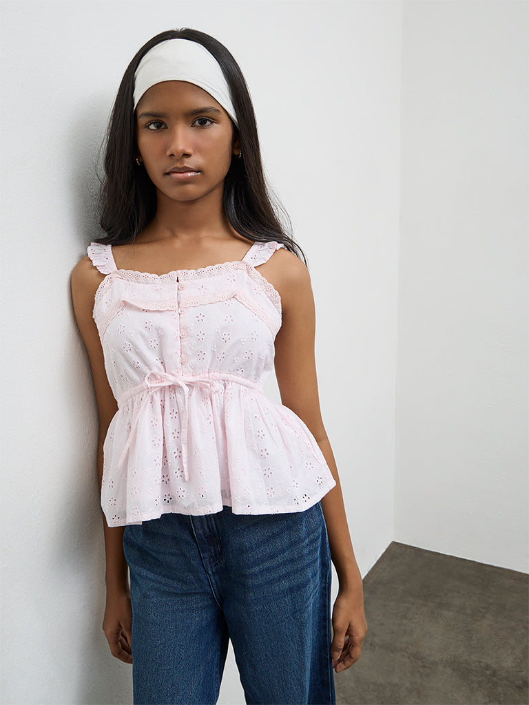 Girls Light Pink Schiffli Embroidered Cotton Top