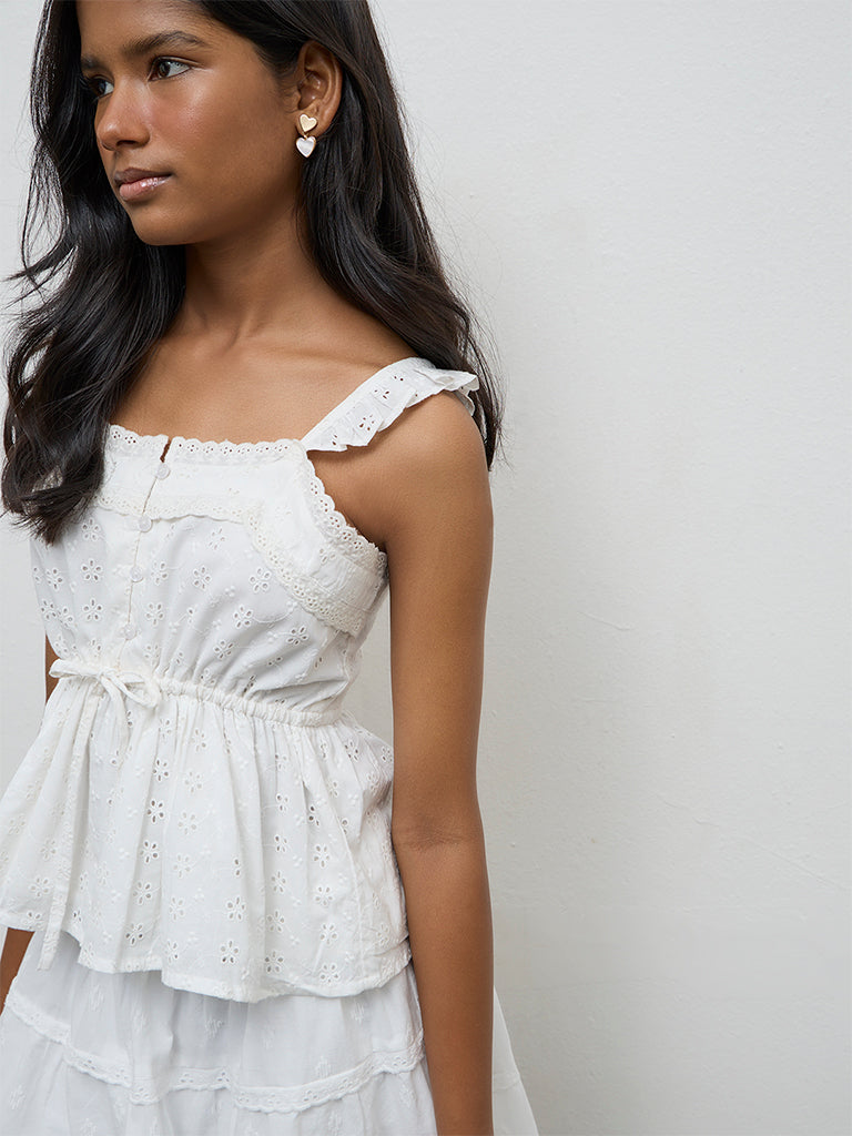 Girls White Schiffli Embroidered Cotton Top