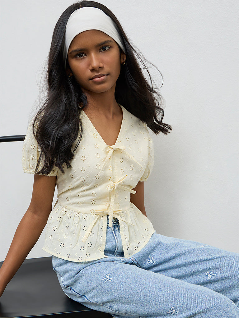 Girls Yellow Schiffli Embroidered Cotton Top
