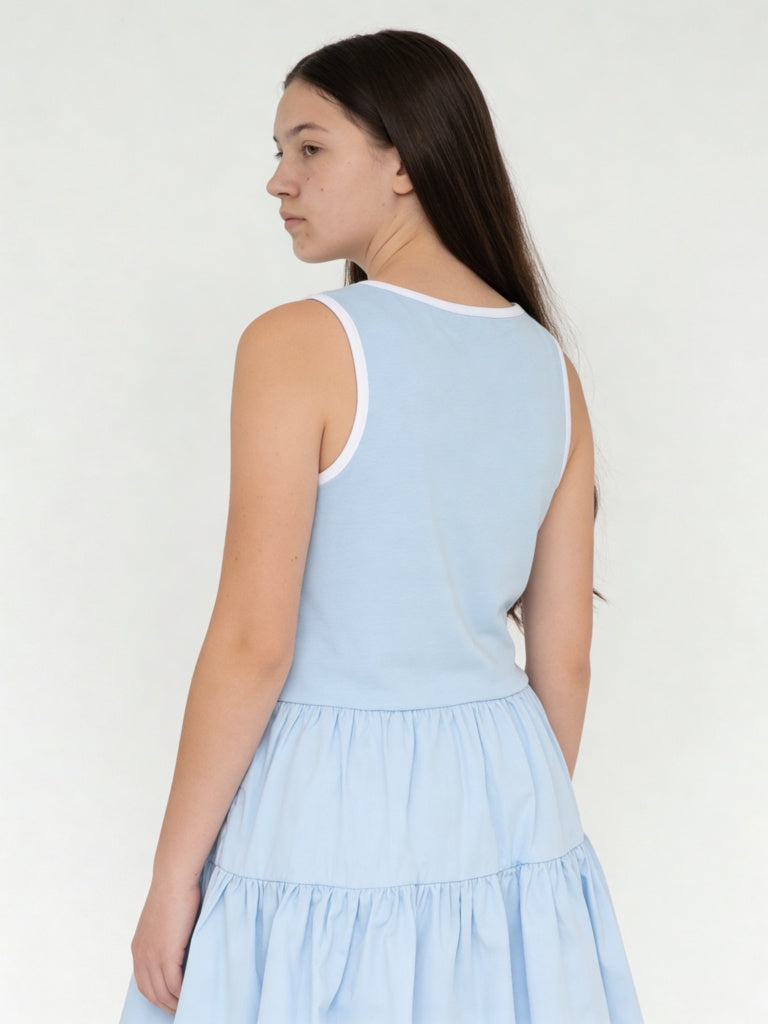 Girls Blue Cotton-Blend Tiered Dress