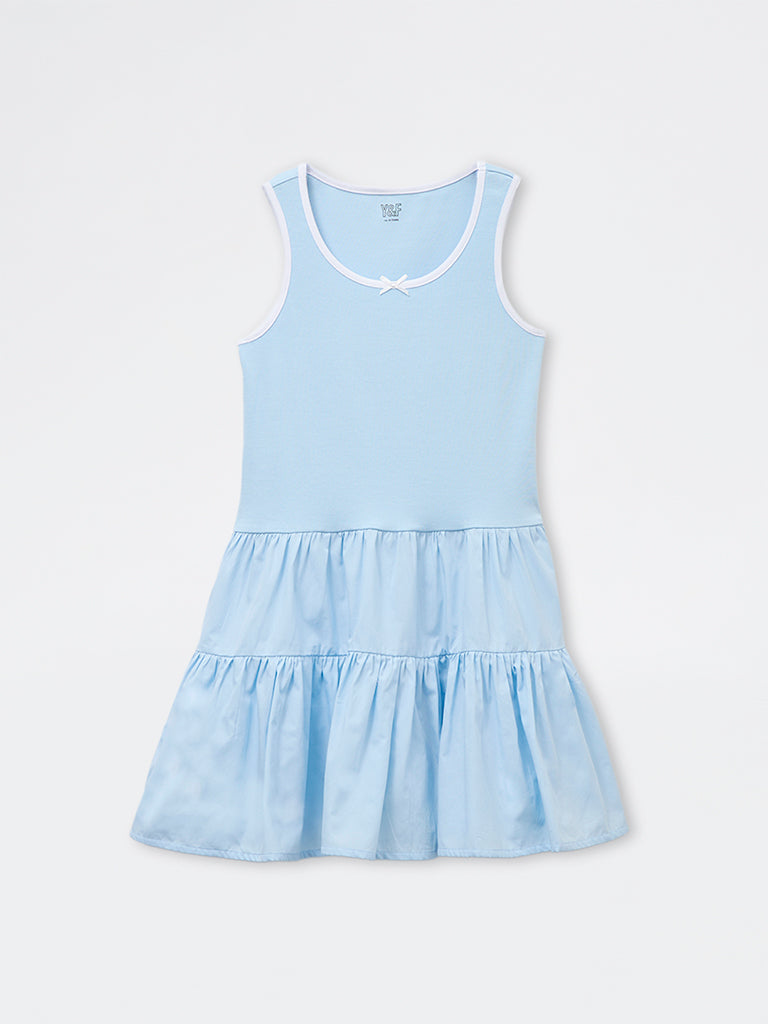 Girls Blue Cotton-Blend Tiered Dress