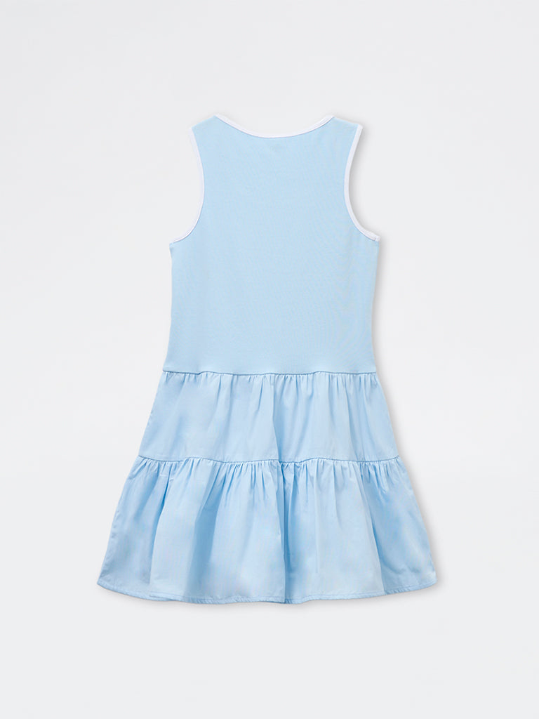 Girls Blue Cotton-Blend Tiered Dress