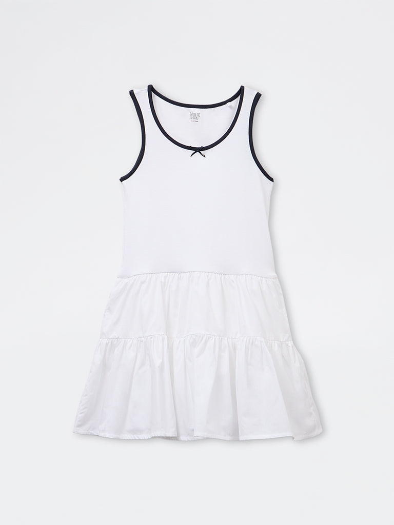 Girls White Cotton-Blend Tiered Dress