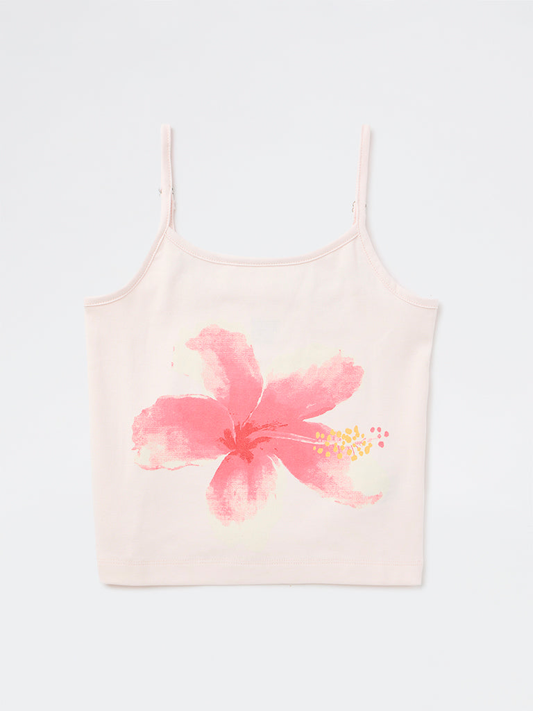 Girls Light Pink Floral Design Cotton-Blend Top