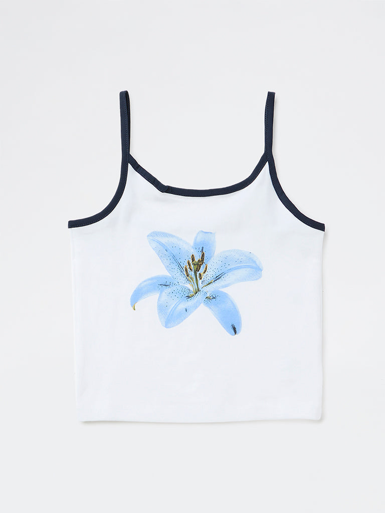 Girls White Floral Design Cotton-Blend Top