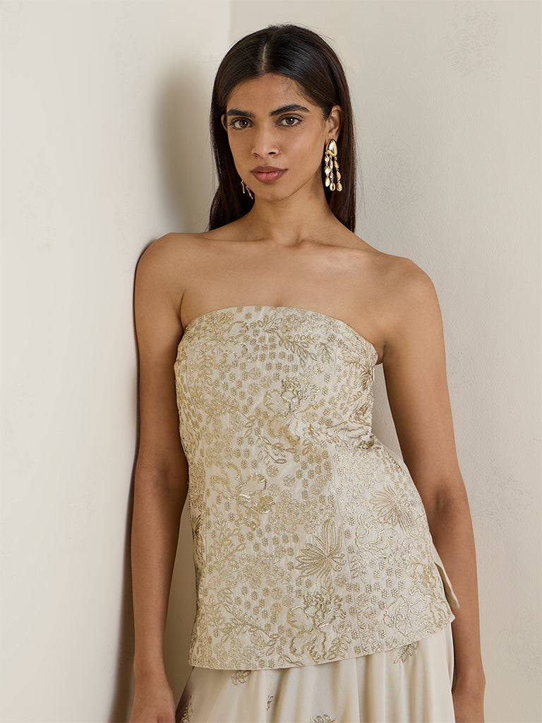 Vark Gold Floral Embroidered Tube Top