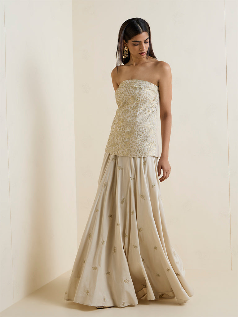 Vark Light Beige Botanical Embroidered Skirt