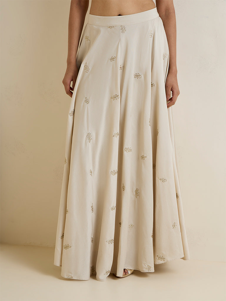Vark Light Beige Botanical Embroidered Skirt