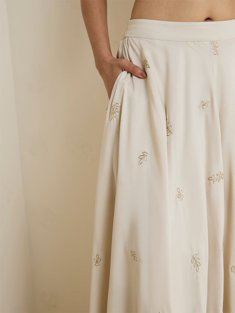Vark Light Beige Botanical Embroidered Skirt