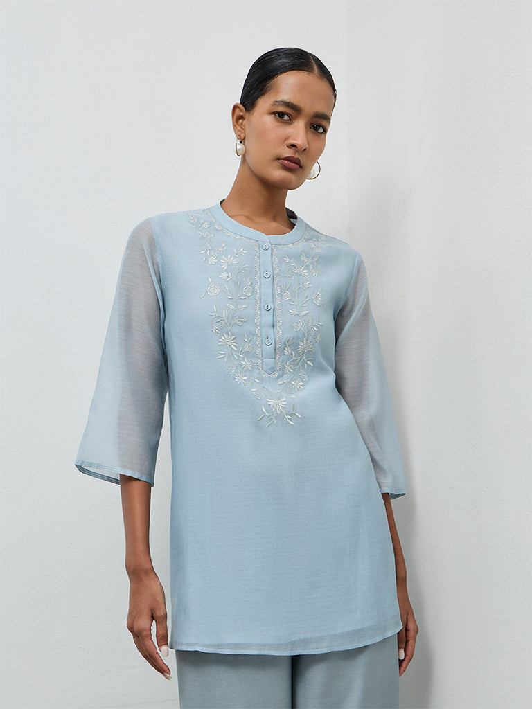 Zuba Dusty Blue Floral Embroidered Tunic