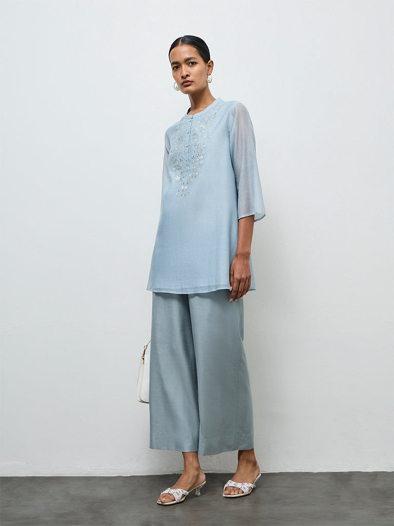 Zuba Dusty Blue Floral Embroidered Tunic