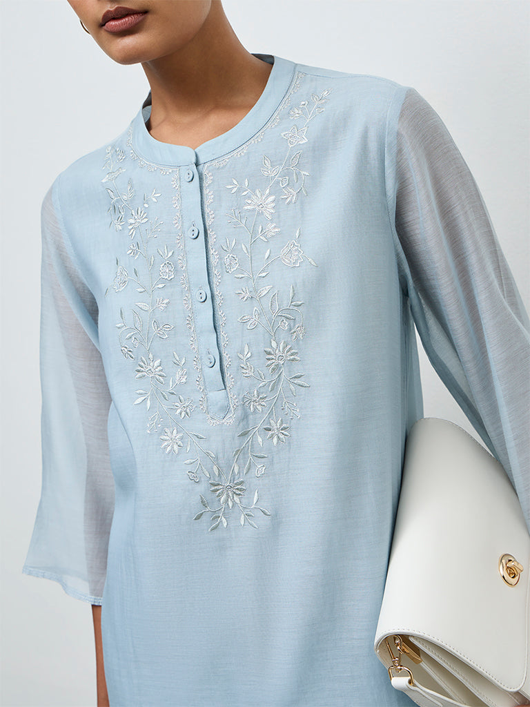 Zuba Dusty Blue Floral Embroidered Tunic