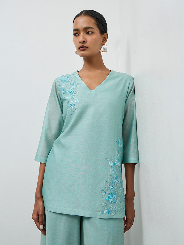 Zuba Turquoise Embroidered Cotton-Blend Tunic