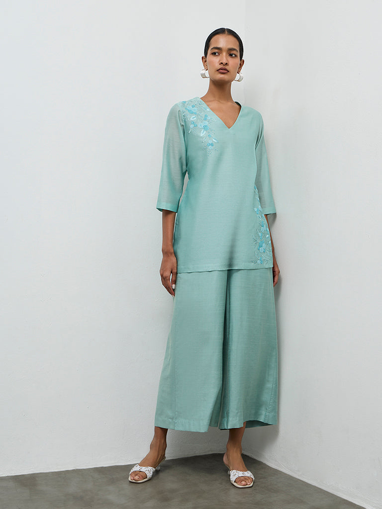 Zuba Turquoise Embroidered Cotton-Blend Tunic