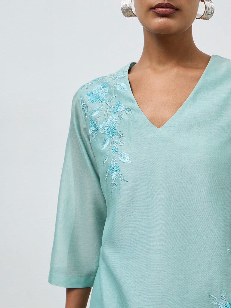 Zuba Turquoise Embroidered Cotton-Blend Tunic