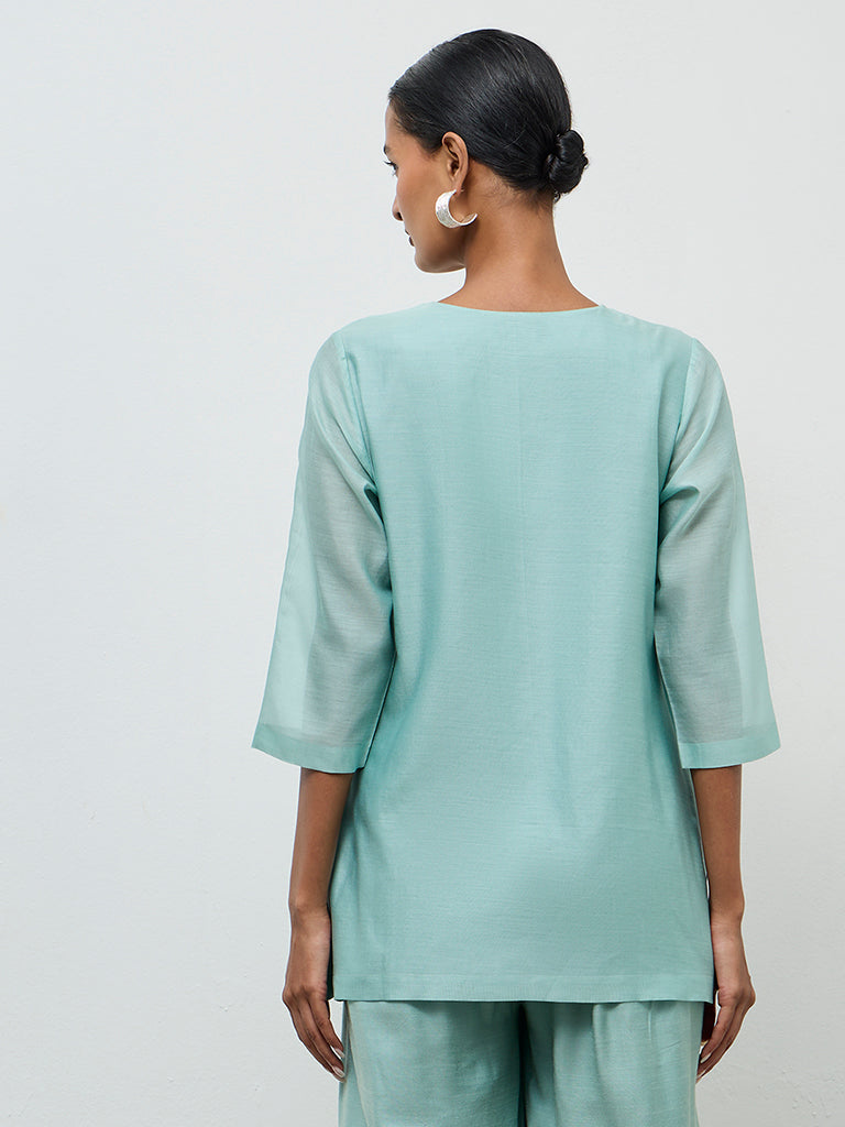 Zuba Turquoise Embroidered Cotton-Blend Tunic