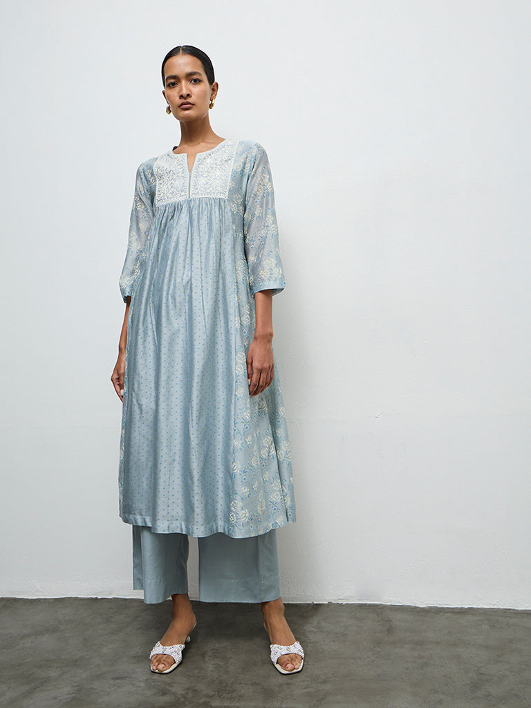 Zuba Dusty Blue Embroidered Cotton-Blend Anarkali Kurta