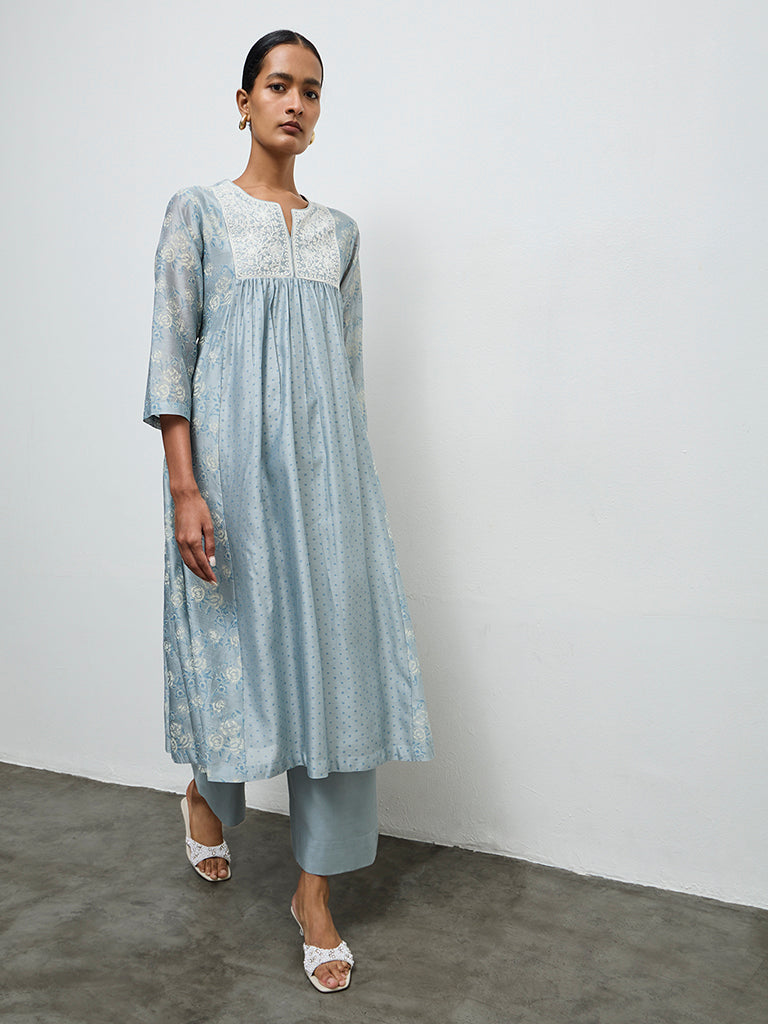 Zuba Dusty Blue Embroidered Cotton-Blend Anarkali Kurta