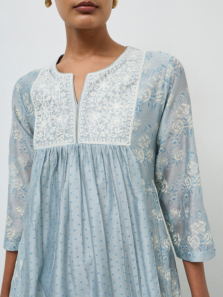 Zuba Dusty Blue Embroidered Cotton-Blend Anarkali Kurta