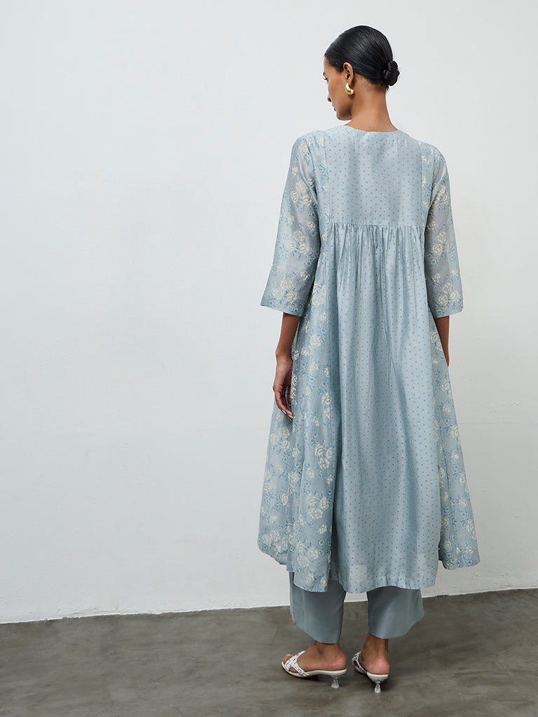 Zuba Dusty Blue Embroidered Cotton-Blend Anarkali Kurta