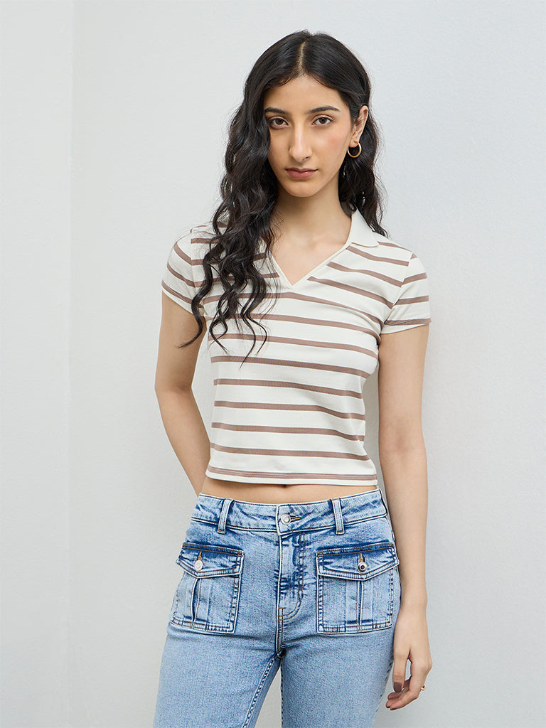 Nuon Cream Striped Cotton-Blend T-Shirt