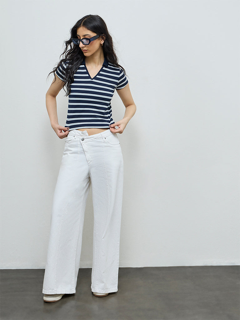 Nuon Navy Striped Cotton-Blend T-Shirt